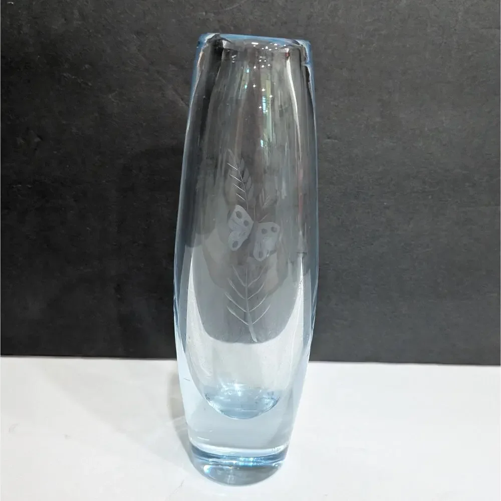 Vintage Kosta Boda Swedish Crystal Bud Vase by Vicke Lindstrand Etched Butterfly